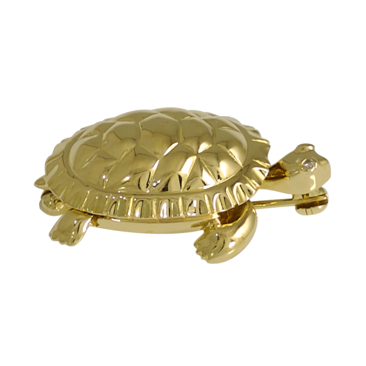 13532A Yellow Gold Turtle Pin Designed & Handmade by Kaufmann de Suisse in 18kt Yellow Gold featuring 2 Round Brilliant Cut FVVS Quality Diamonds weighing a total of 0.02cts