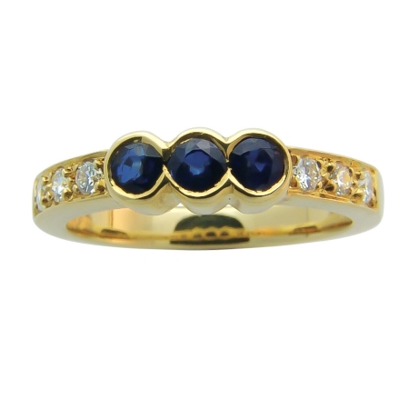 14299 Half Hoop Diamond Eternity Ring Designed & Handmade by Kaufmann de Suisse in 18kt Yellow Gold featuring 3 Round Blue Sapphires weighing 0.46cts total and 6 Round Brilliant Cut FVVS Quality D