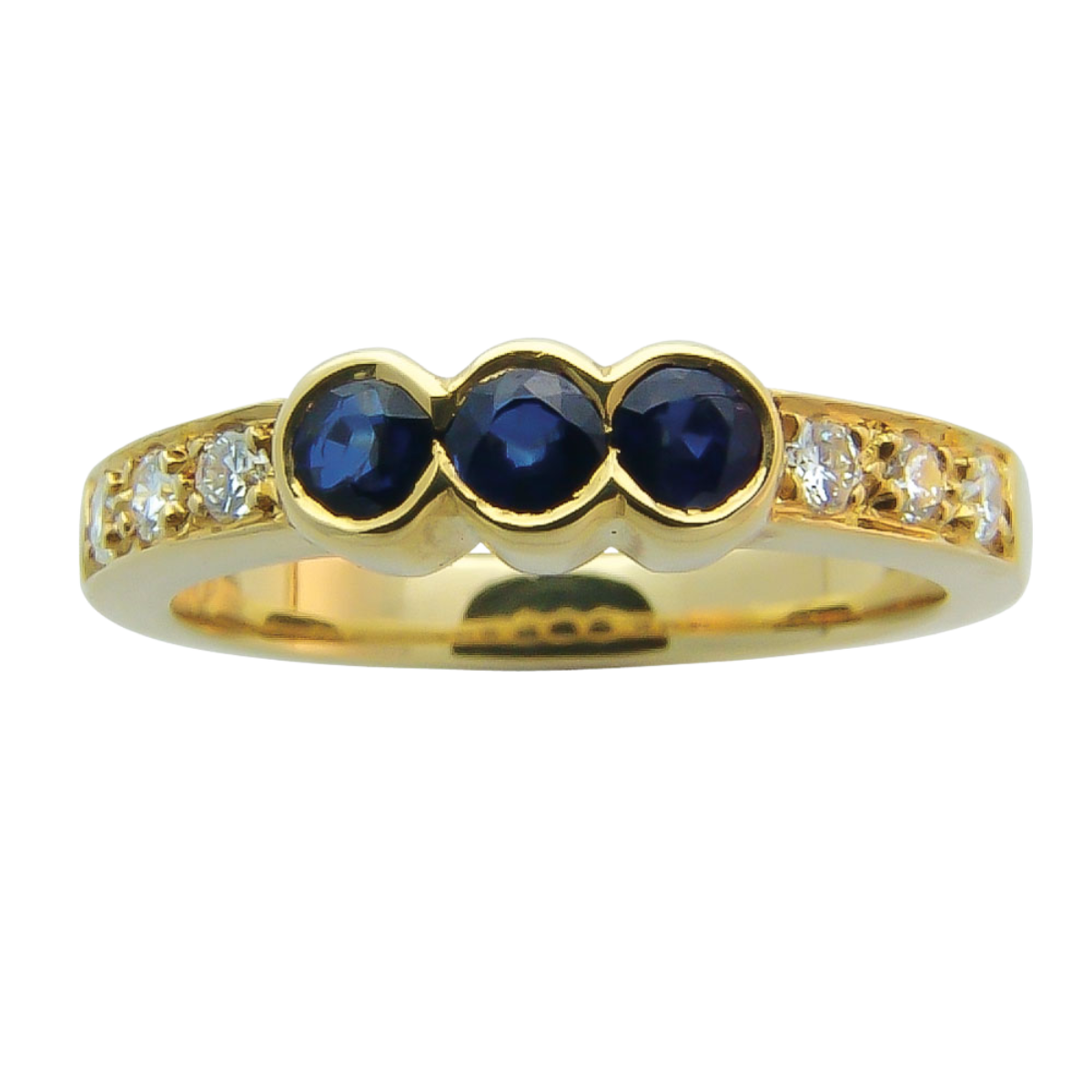 14299 Half Hoop Diamond Eternity Ring Designed & Handmade by Kaufmann de Suisse in 18kt Yellow Gold featuring 3 Round Blue Sapphires weighing 0.46cts total and 6 Round Brilliant Cut FVVS Quality D