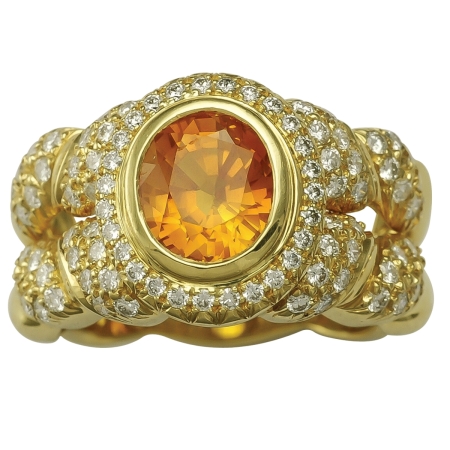 14879 Double Flowing Lines Sapphire Ring Designed & Handmade by Kaufmann de Suisse in 18kt Yellow Gold featuring one 3.07cts Orange Yellow Sapphire and mounted with 92 Round Brilliant Cut FVVS Qua
