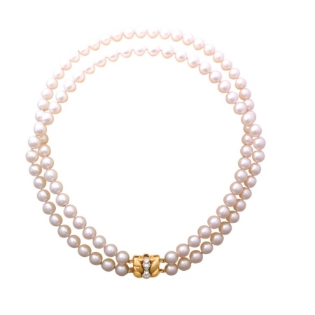 14963-Akoya Double Pearl Strand featuring 98 Akoya Pearls measuring 8 to 8.5mm strung on a Kaufmann de Suisse Designed and Handmade Platinum and 18kt Yellow Gold Clasp featuring 6 Round Brilliant cut F/VVS Quality Diamonds weighing a total of 0.22cts