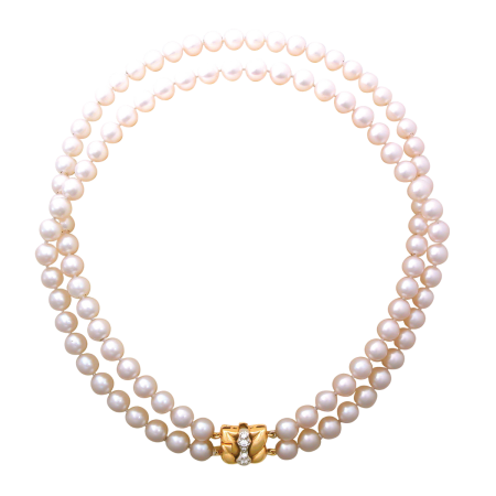 14963 Akoya Double Pearl Strand featuring 98 Akoya Pearls measuring 8 to 8.5mm strung on a Kaufmann de Suisse Designed and Handmade Platinum and 18kt Yellow Gold Clasp