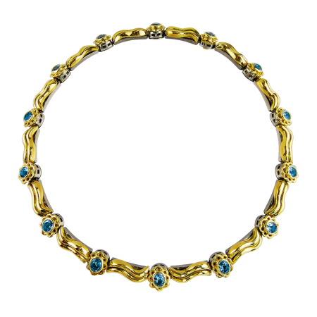 15660 Double Flowing Lines Aquamarine Necklace Designed & Handmade by Kaufmann de Suisse in 18kt Yellow Gold & Stainless Steel featuring 14 Oval and Bezel Set Santa Maria Aquamarines weighing a to