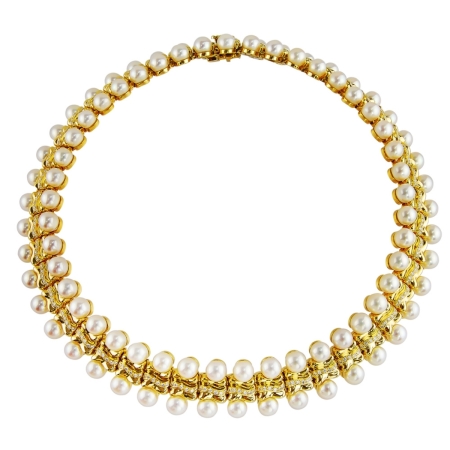 16101-One of a Kind Flowing Lines Designer Collar Necklace Designed & Handmade by Kaufmann de Suisse in 18kt Yellow Gold featuring 270 Round Brilliant Cut F/VVS Quality Diamonds weighing a total of 2.70cts and 90 Akoya Pearls measuring 7mm