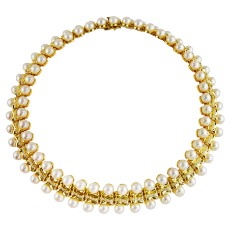 16101 One of a Kind Flowing Lines Designer Collar Necklace Designed & Handmade by Kaufmann de Suisse in 18kt Yellow Gold featuring 270 Round Brilliant Cut FVVS Quality Diamonds weighing a total of