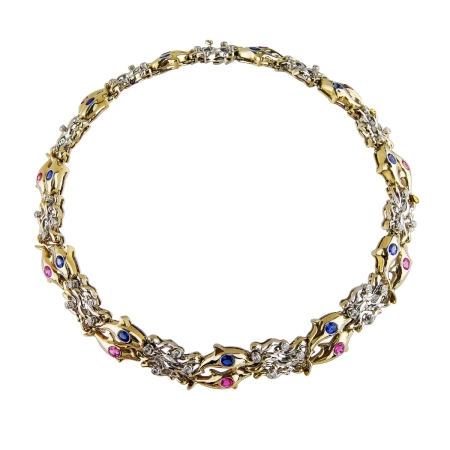 16146-One of a Kind Happy Dolphin Diamond & Sapphire Necklace Designed & Handmade by Kaufmann de Suisse in 18kt White Gold & Platinum featuring 11 AAA Quality Oval Blue Sapphires weighing a total of 4.81cts, 11 AAA Quality Oval Pink Sapphires weighing a total of 4.89cts and 434 Round Brilliant Cut F/VVS Quality Diamonds weighing a total of 1.69cts