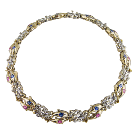 16146 One of a Kind Happy Dolphin Diamond & Sapphire Necklace Designed & Handmade by Kaufmann de Suisse in 18kt White Gold & Platinum featuring 11 AAA Quality Oval Blue Sapphires weighing a total