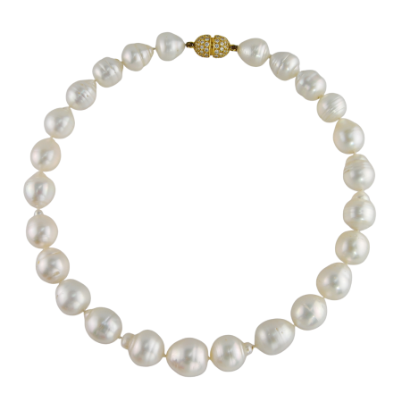 16191 18 Inch Baroque South Sea Pearl Strand Necklace featuring 25 Baroque South Sea Pearls measuring from 13 to 17mm with an 18kt Yellow Gold Diamond Bayonette Clasp featuring