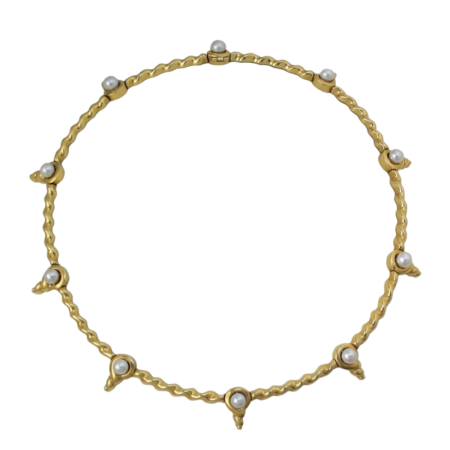 16252 Flowing Lines Collar Necklace Designed & Handmade by Kaufmann de Suisse in 18kt Yellow Gold featuring 10 Half drilled Cultured Pearls measuring 5.5mm
