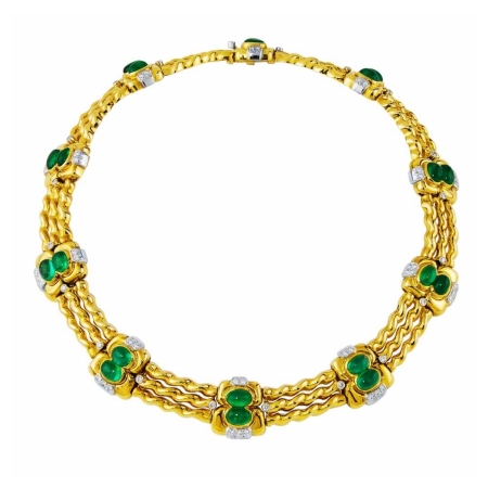 16264 Flowing Lines Cabochon Cut Emerald and Diamond Necklace Designed & Handmade by Kaufmann de Suisse in 18kt Yellow Gold and Platinum featuring 20 Oval Cabochon cut Columbian Emeralds
