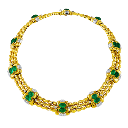 16264 Flowing Lines Cabochon Cut Emerald and Diamond Necklace Designed & Handmade by Kaufmann de Suisse in 18kt Yellow Gold and Platinum featuring 20 Oval Cabochon cut Columbian Emeralds weighing