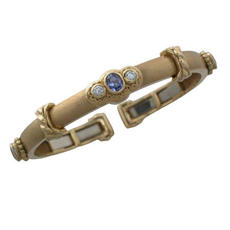 16445 Thin Sapphire & Diamond Callista Bangle Designed and Handmade by Kaufmann de Suisse in 18kt Yellow Gold featuring 3 Oval Cut Blue Sapphires weighing