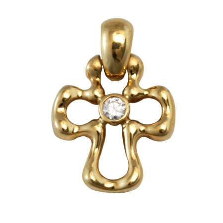 16539 Flowing Lines Yellow Gold Diamond Cross Designed & Handmade by Kaufmann de Suisse in 18kt Yellow Gold featuring 1 Round Brilliant Cut FVVS Quality Bezel Set Diamond weighing 0.15cts