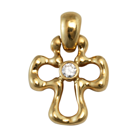 16539 Flowing Lines Yellow Gold Diamond Cross Designed & Handmade by Kaufmann de Suisse in 18kt Yellow Gold featuring 1 Round Brilliant Cut FVVS Quality Bezel Set Diamond weighing 0.15cts