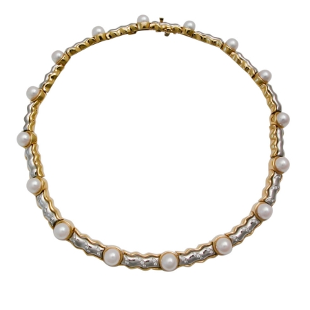 16850 Flowing Lines Tahitian Pearl Necklace Designed & Handmade by Kaufmann de Suisse in Stainless Steel & Yellow Gold featuring 15 Black Tahatian Pearls measuring 8.2mm to 9.00mm