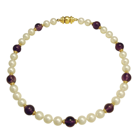 16900 16.5 Inch Akoya Pearl & Amethyst Bead Necklace Designed and Handmade by Kaufmann de Suisse featuring 28 Akoya Pearls measuring 8.5 9mm, 9 Amethyst Beads weighing a total of 59cts all strung