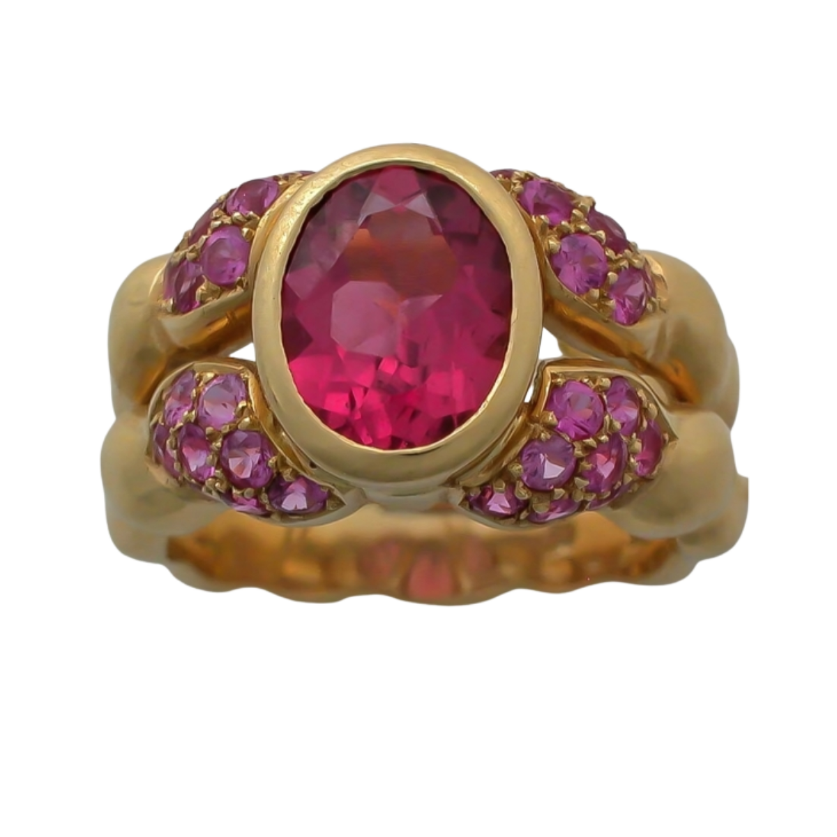 16916 Double Flowing Line Pink Tourmaline and Pink Sapphire Ring Designed & Handmade by Kaufmann de Suisse in 18kt Yellow Gold featuring 1 oval Pink Tourmaline weighing 1.76cts mounted with 32 Rou