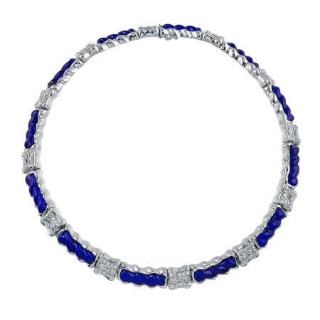 17280-Designer Flowing Lines Collar Necklace with Carved Lapiz Lazuli & Diamonds Designed & Handmade by Kaufmann de Suisse in 18kt White Gold featuring 12 Carved Lapiz Lazuli and 120 F/VVS Quality Diamonds weighing a total of 1.02cts