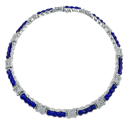 17280 Designer Flowing Lines Collar Necklace with Carved Lapiz Lazuli & Diamonds Designed & Handmade by Kaufmann de Suisse in 18kt White Gold featuring 12 Carved Lapiz Lazuli and 120 FVVS Quality (1)