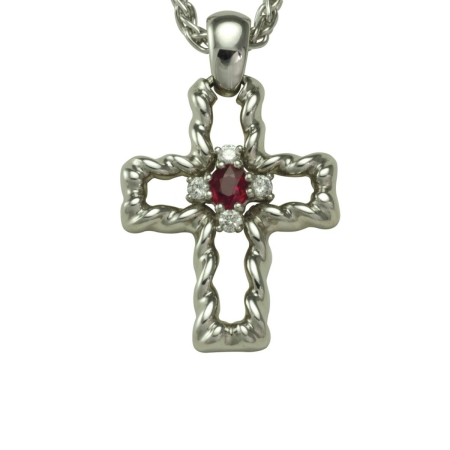 17389 Flowing Lines Ruby & Diamond Cross Designed & Handmade by Kaufmann de Suisse in 18kt White Gold featuring 1 Oval Ruby weighing 0.50cts and 4 Round Brilliant Cut FVVS Quality Diamonds weighin
