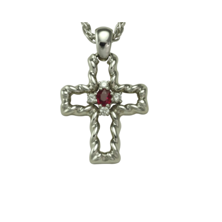 17389 Flowing Lines Ruby Diamond Cross Designed Handmade by Kaufmann de Suisse in 18kt White Gold featuring