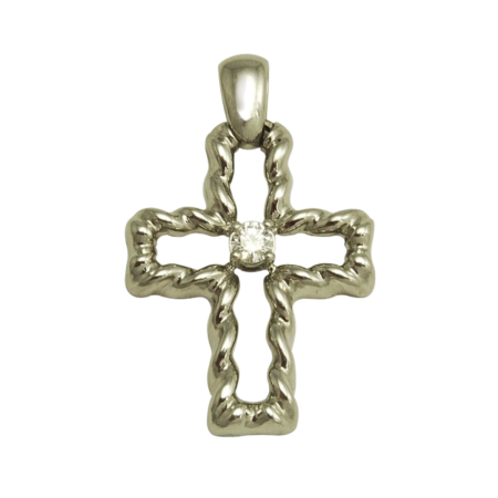 17390A Flowing Lines Diamond Cross Designed & Handmade by Kaufmann de Suisse in 18kt White Gold featuring 1 Round Brilliant Cut FVVS Quality Diamonds weighing a total of 0.20cts