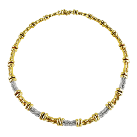 17395 Flowing Lines Yellow Gold & Diamond Collar Necklace Designed & Handmade by Kaufmann de Suisse in 18kt Yellow Gold & Platinum featuring 85 Round Brilliant Cut Pave Set FVVS Quality Diamonds w