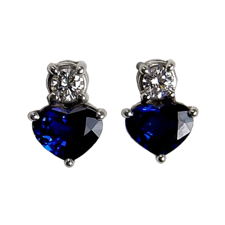 17484A Heart Shaped Blue Sapphire & Diamond Stud Earrings Handmade by Kaufmann de Suisse in Platinum featuring 2 Heart Shaped Blue Sapphires