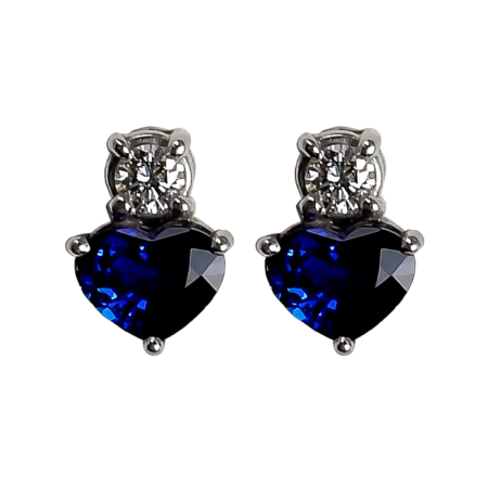 17484A Heart Shaped Blue Sapphire & Diamond Stud Earrings Handmade by Kaufmann de Suisse in Platinum featuring 2 Heart Shaped Blue Sapphires weighing a total of 2.40cts and 2 Round Brilliant Cut F