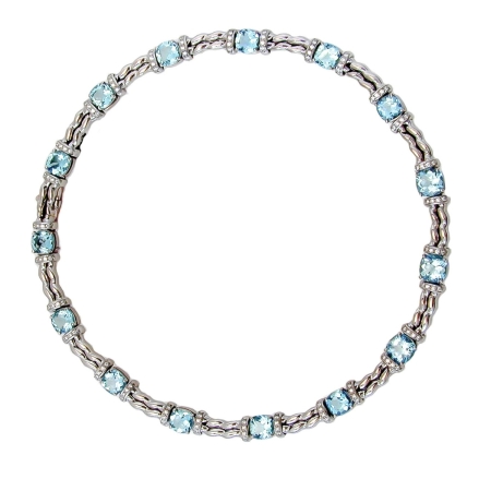 17576-One of a Kind Flowing Lines Aquamarine & Diamond Necklace Designed & Handmade by Kaufmann de Suisse in 18kt White Gold featuring 15 Cushion Cut AAA Quality Aquamarines weighing a total of 29.92cts and 120 Round Brilliant Cut Diamonds weighing a total of 1.18cts
