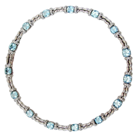 17576 One of a Kind Flowing Lines Aquamarine & Diamond Necklace Designed & Handmade by Kaufmann de Suisse in 18kt White Gold featuring 15 Cushion Cut AAA Quality Aquamarines weighing a total of 29
