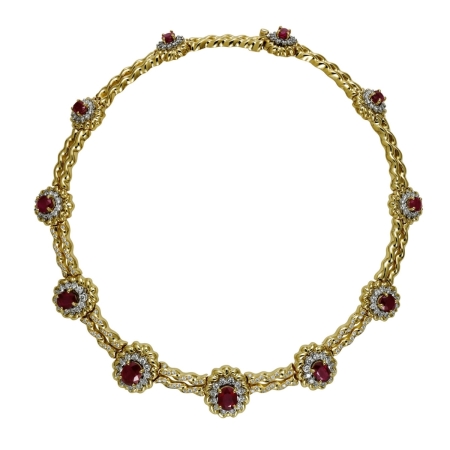 17596-Flowing Lines Burma Ruby & Diamond Necklace Designed & Handmade by Kaufmann de Suisse in 18kt Yellow Gold & Platinum featuring 11 Burma Rubies weighing 18.09cts and 222 Round Brilliant Cut F/VVS Quality Diamonds weighing a total of 6.23cts
