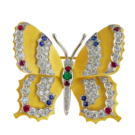 17860 Brushed Yellow Gold & Platinum Butterfly Pin Designed and Handmade by Kaufmann de Suisse in 18kt Yellow Gold and Platinum featuring 62 Round Brilliant