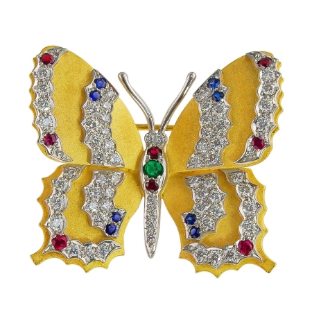 17860 Brushed Yellow Gold & Platinum Butterfly Pin Designed and Handmade by Kaufmann de Suisse in 18kt Yellow Gold and Platinum featuring 62 Round Brilliant cut FVVS Quality Diamonds weighing a to