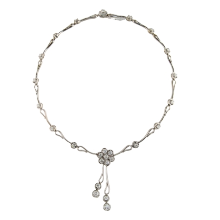 18164-Flowing Lines Detachaeble Diamond Drop Pave Puff Necklace Designed & Handmade by Kaufmann de Suisse in 18kt White Gold featuring 57 Round Brilliant Cut F/VVS Quality Diamonds weighing a total of 2.52cts; 4 Inch Drop