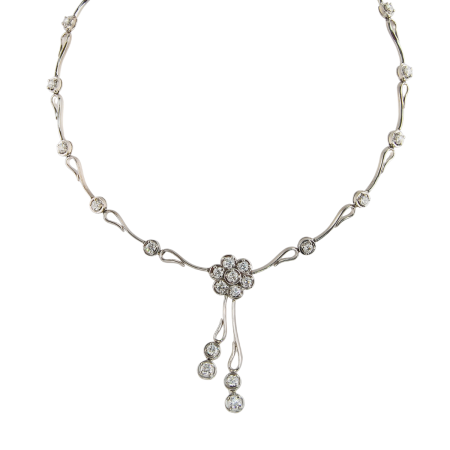 18164 Flowing Lines Detachaeble Diamond Drop Pave Puff Necklace Designed & Handmade by Kaufmann de Suisse in 18kt White Gold featuring 57 Round Brilliant Cut FVVS Quality Diamonds weighing