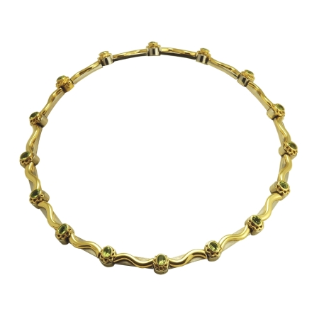 18222 Flowing Lines Peridot Necklace Designed & Handmade by Kaufmann de Suisse in 18kt Yellow Gold & Stainless Steel featuring 16 Oval & Bezel Set Peridot weighing a total of 5.00cts