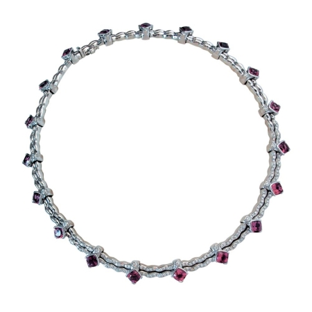 18233-Designer Pink Tourmaline & Diamond Necklace Designed & Handmade by Kaufmann de Suisse in 18kt White Gold featuring 19 Cushion Cut Pink Tourmalines weighing a total of 18.40cts and 61 Round Brilliant Cut F/VVS Quality Diamonds weighing a total of 1.97cts