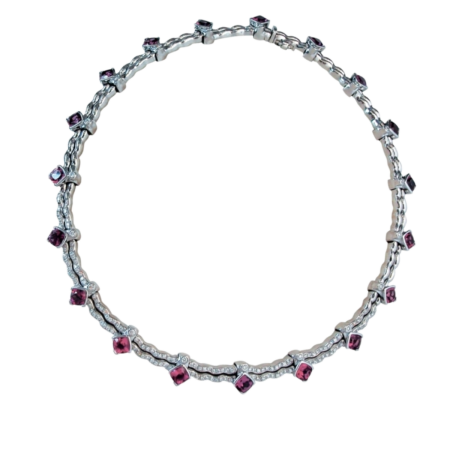18233 Designer Pink Tourmaline & Diamond Necklace Designed & Handmade by Kaufmann de Suisse in 18kt White Gold featuring 19 Cushion Cut Pink Tourmalines weighing a total of 18.40cts and 61 Round B