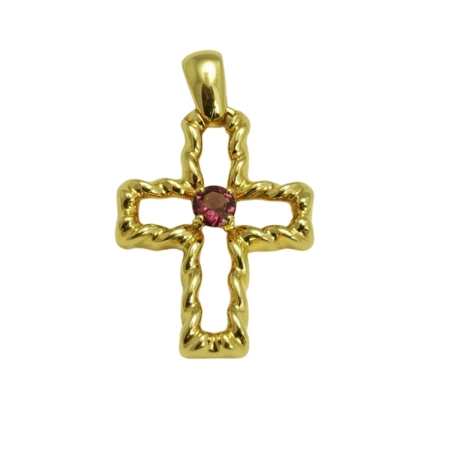 18523 Flowing Lines Rhodolite Garnet Cross Designed & Handmade by Kaufmann de Suisse in 18kt Yellow Gold featuring 1 Round Rhodolite Garnet weighing 0.46cts