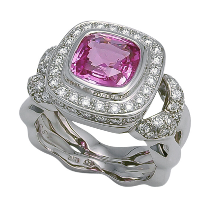 18576 Double Flowing Lines Pink Sapphire Ring Designed & Handmade by Kaufmann de Suisse in 18kt White Gold featuring one Bezel Set