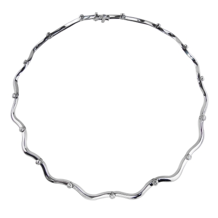 18581-Amethyst & Diamond Flowing Lines Wave Necklace Designed and Handmade by Kaufmann de Suisse in 18kt White Gold featuring one Cushion Cut 23.40cts Amethyst mounted with 154 Round and 30 Baguette cut F-G/VVS-VS Quality Diamonds weighing a total of 7.84cts