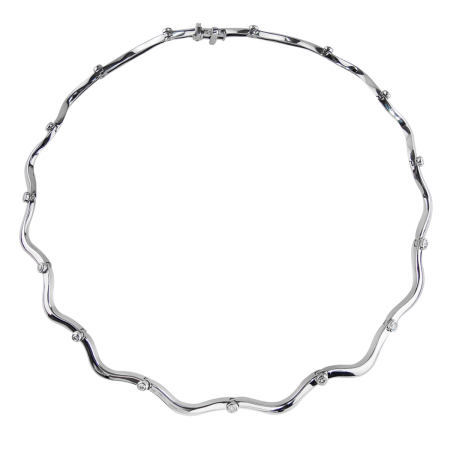 18581 Amethyst & Diamond Flowing Lines Wave Necklace Designed and Handmade by Kaufmann de Suisse in 18kt White Gold featuring one Cushion Cut 23.40cts Amethyst mounted with 154 Round and 30 Baguet