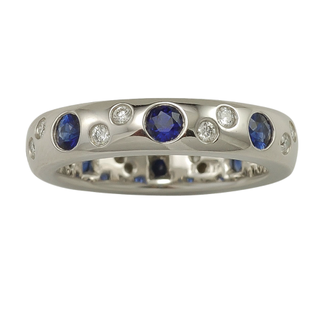 18616 Sapphire & Diamond Full Eternity Band Designed and Handmade by Kaufmann de Suisse in Platinum featuring 8 Bezel Set Blue Sapphires weighing a total of 1.03cts and 16 Round Brilliant Cut FVVS