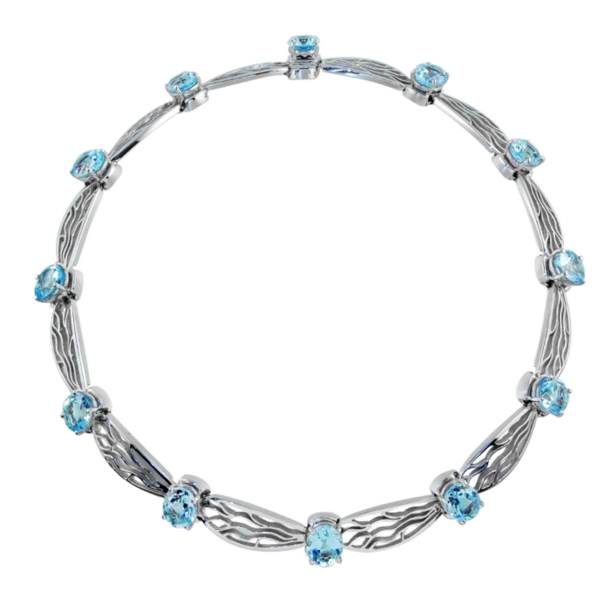 18704 Dragonfly Wing Necklace Designed & Handmade by Kaufmann de Suisse in 18kt White Gold featuring 12 Oval Cut Blue Topaz weighing a total of 55.62cts (1)
