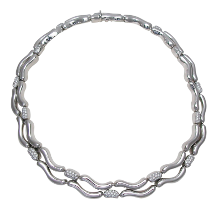 18708 Flowing Lines White Gold & Diamond Collar Necklace Designed & Handmade by Kaufmann de Suisse in 18kt White Gold featuring featuring 171 Round Brilliant Cut FVVS Quality Diamonds weighing a t