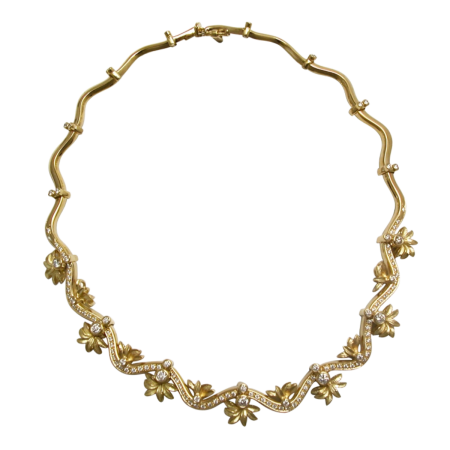 18824 Palm Tree Diamond & Yellow Gold Flowing Lines Necklace Designed and Handmade by Kaufmann de Suisse in 18kt Yellow Gold featuring 112 Round Brilliant cut FVVS Quality Diamonds weighing a tota