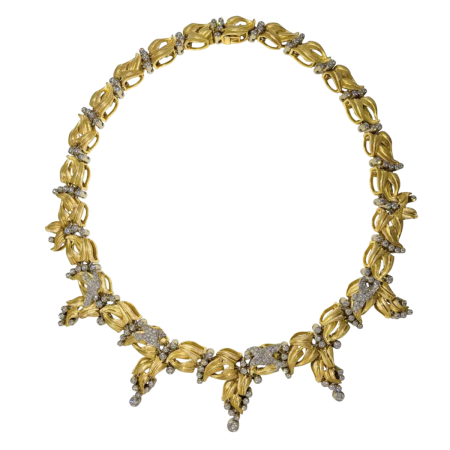 18891 Peace Offering Designer Brushed Gold & Diamond Necklace Designed & Handmade by Kaufmann de Suisse in 18kt Yellow & White Gold featuring 236 Round Brilliant Cut FVVS Quality Diamonds weighing (1)