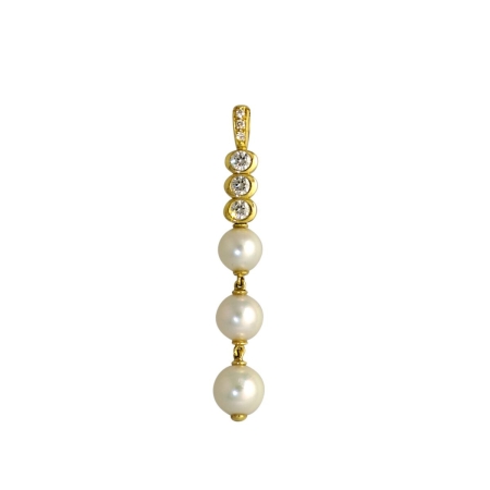 18962 Pearl & Diamond Pendant Designed & Handmade by Kaufmann de Suisse in 18kt Yellow Gold featuring 3 Cultured Akoya Pearls measuring 6.2 to 7.5mm and 6 Round Brilliant Cut FVVS Quality Diamonds