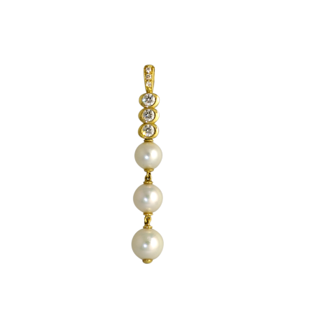 18962 Pearl & Diamond Pendant Designed & Handmade by Kaufmann de Suisse in 18kt Yellow Gold featuring 3 Cultured Akoya Pearls measuring 6.2 to 7.5mm and 6 Round Brilliant Cut FVVS Quality Diamonds